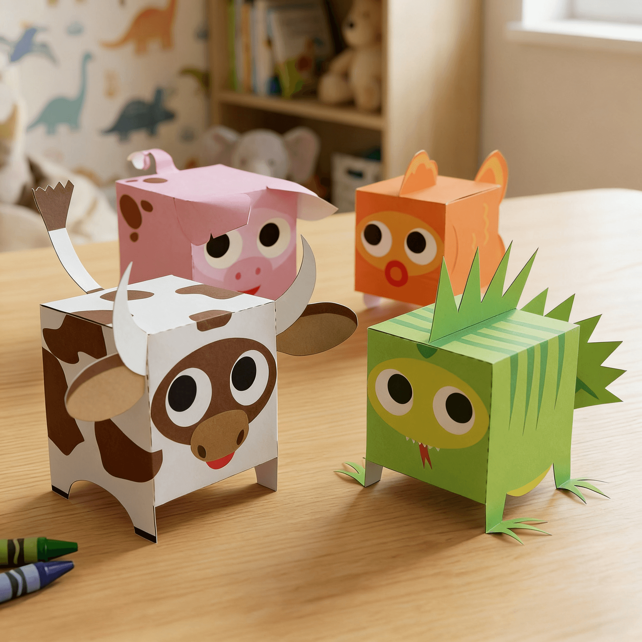 3D Printable Boxy Animal Models for Kids: 4-in-1 DIY Papercraft Kit | Lion, Elephant, Cow & Frog