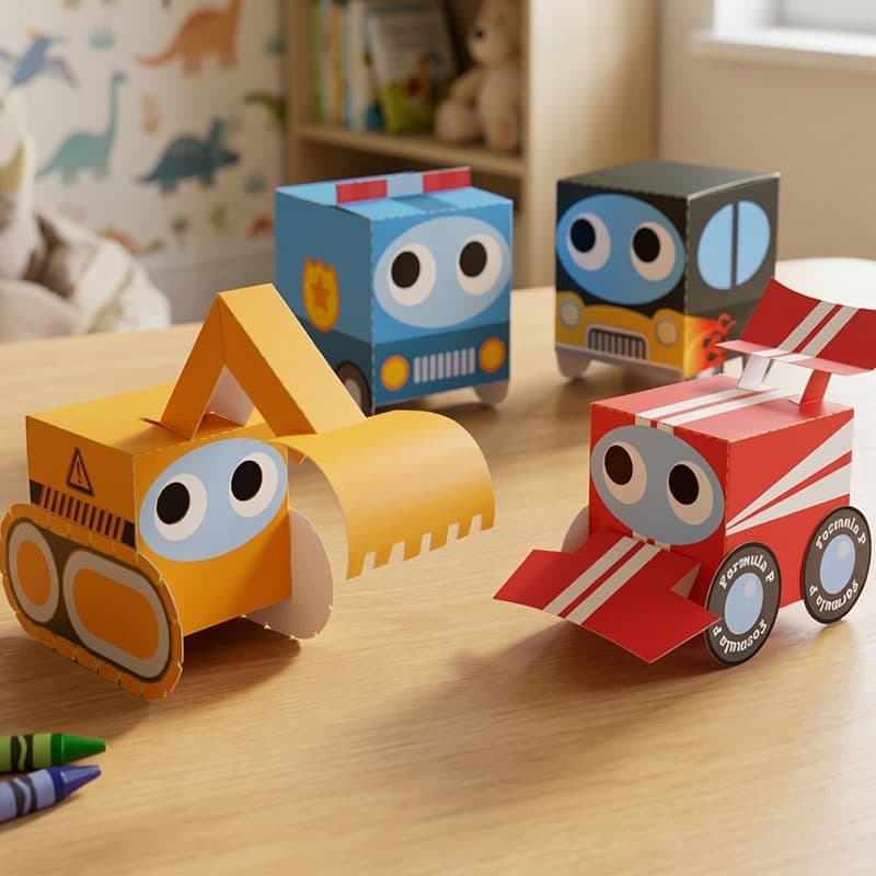 3D Printable Paper Vehicle Models for Kids: 4-in-1 DIY Transport Set | Excavator, Race Car, Train & Auto