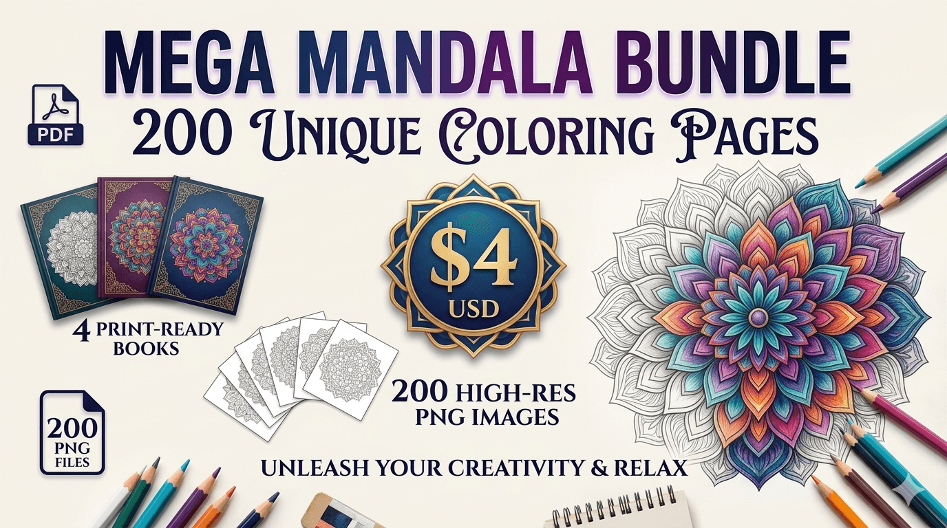 200 Mandala Coloring Page Bundle (PNG & PDF)