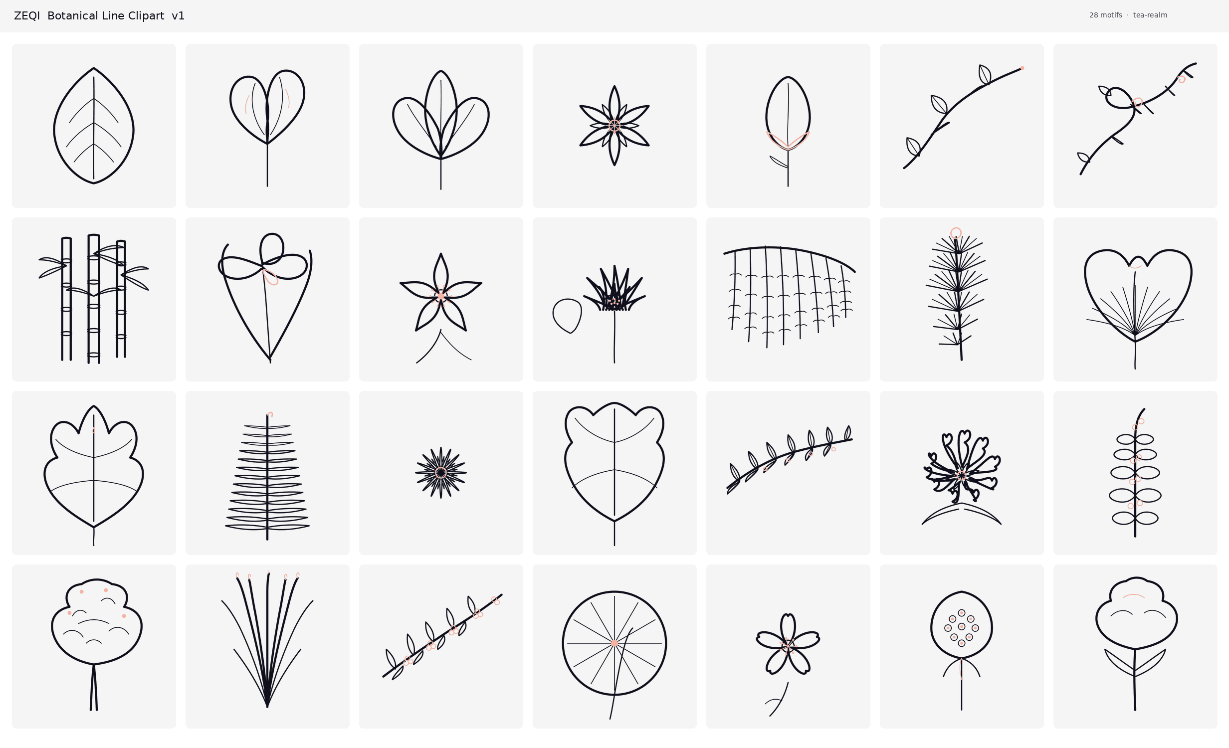 ZEQI Botanical Line Clipart — 28 Oriental Tea-Realm PNG + SVG