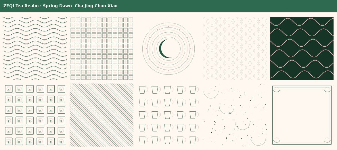 ZEQI Tea Realm · Spring Dawn — 10 Seamless Spring Tea Patterns